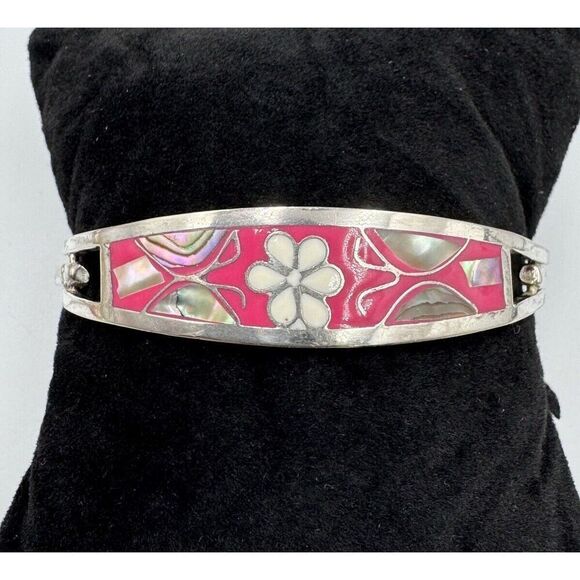 No Brand Jewelry - Vintage Alpaca Mexico Pink Enamel Abalone Shell Hinged Cuff Bangle Bracelet